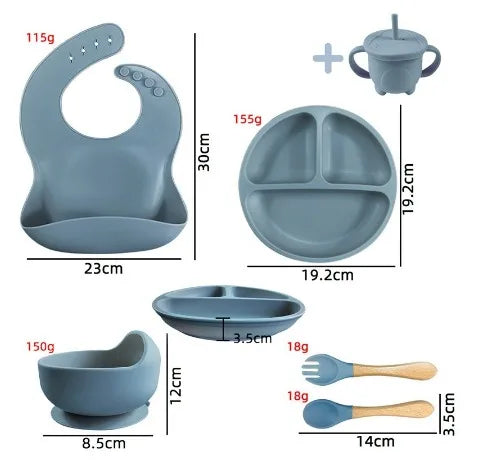 Conjunto Kit de Alimentação para Bebês de Silicone 8 Peças Prato Babador Copo Tigela Talheres Bebê Criança