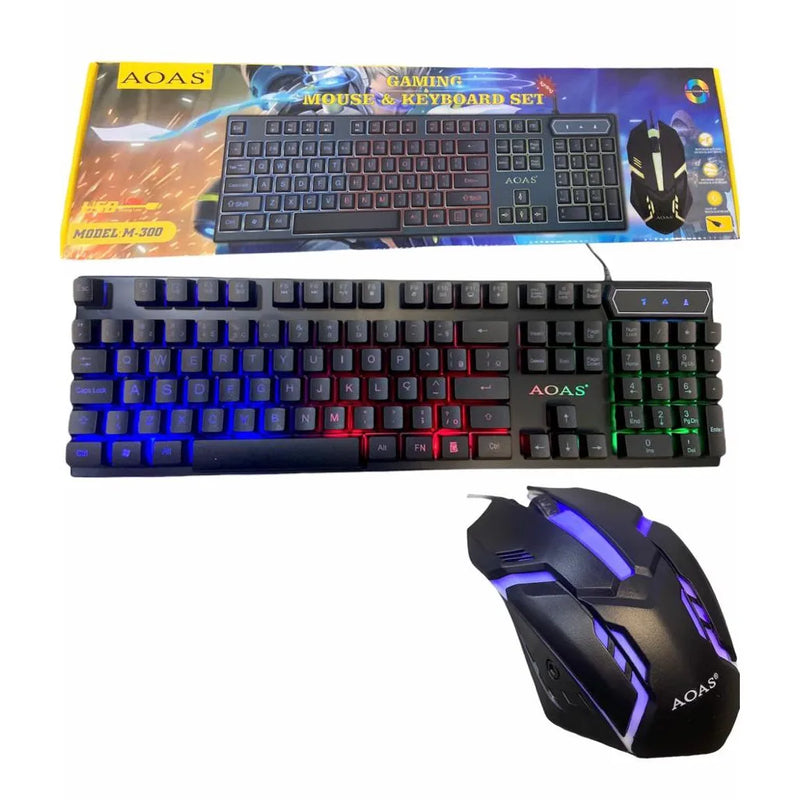 Kit Teclado e Mouse Gamer com luzes RGB, semimecânico, 3200DPI