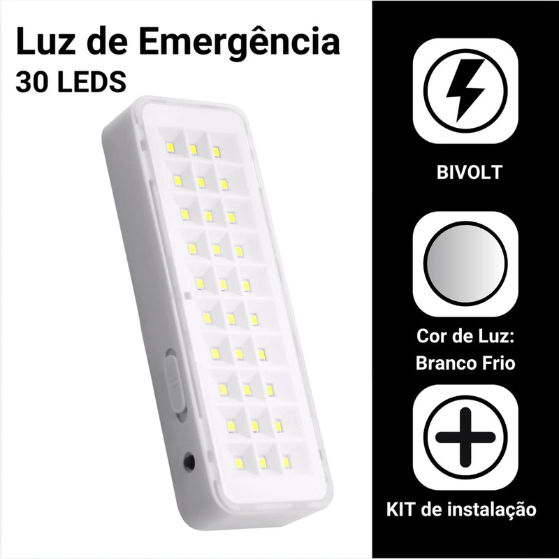 Luminária de Emergência com 30 LEDS - Bateria Recarregável, Bivolt