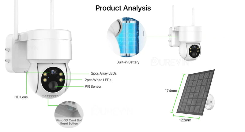 Câmera de Segurança Solar Externa, Visão Noturna, 360°, a prova d´água IP65, Wifi/4G