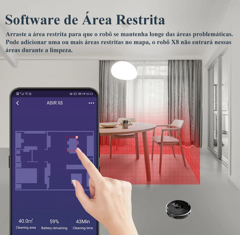 Robô aspirador de pó ABIR X8 - Com Laser Lidar, Sucção 6500ps, Lâmpada UV, APP, Esfregão