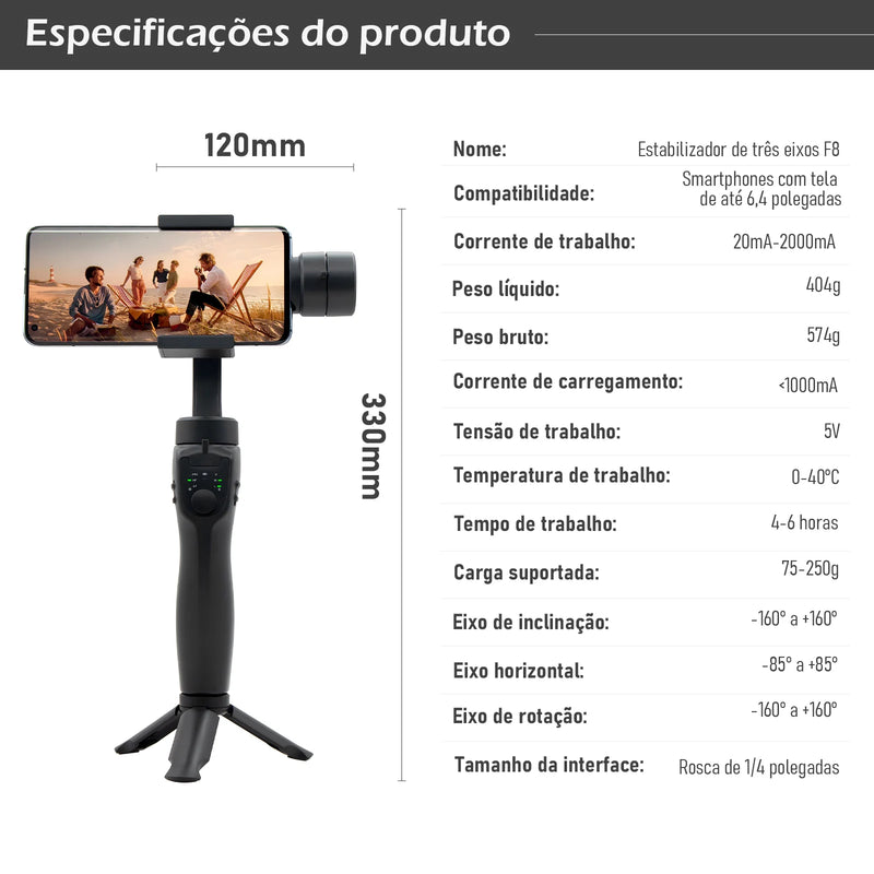 Gimbal Estabilizador Portátil de 3 Eixos com Tripé de Aderência para Celular