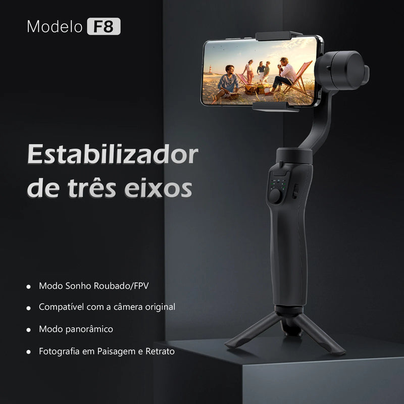 Gimbal Estabilizador Portátil de 3 Eixos com Tripé de Aderência para Celular